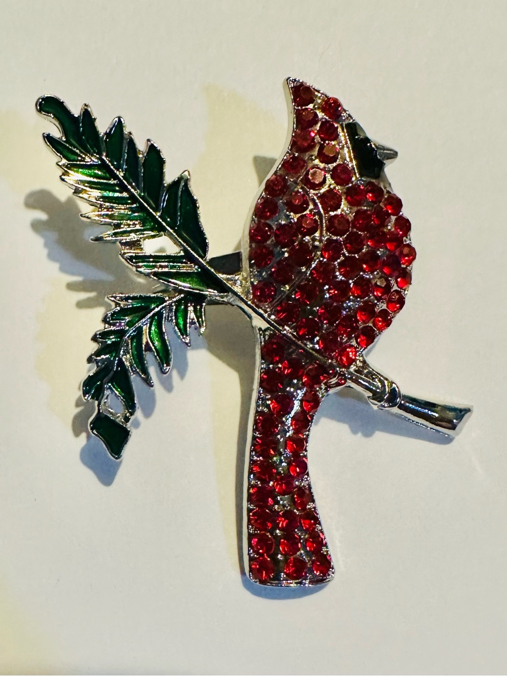 Red Crystal Cardinal Bird Brooch with Green Enamel Leaf Silver Tone